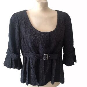Anne Fontaine Black Peplum Blouse with Ruffled 3/4 Sleeves